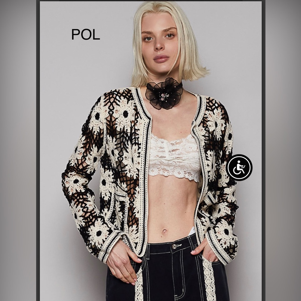 BP208-2🌼POL perfection in black+cream Crochet Cardigan-gr8 office2 out! Stunning - Picture 3 of 6